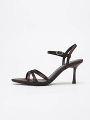 Brown Cross Strap Stiletto HeelSandals Ankle Buckle Elegant SatinEvening Party Heeled Shoes