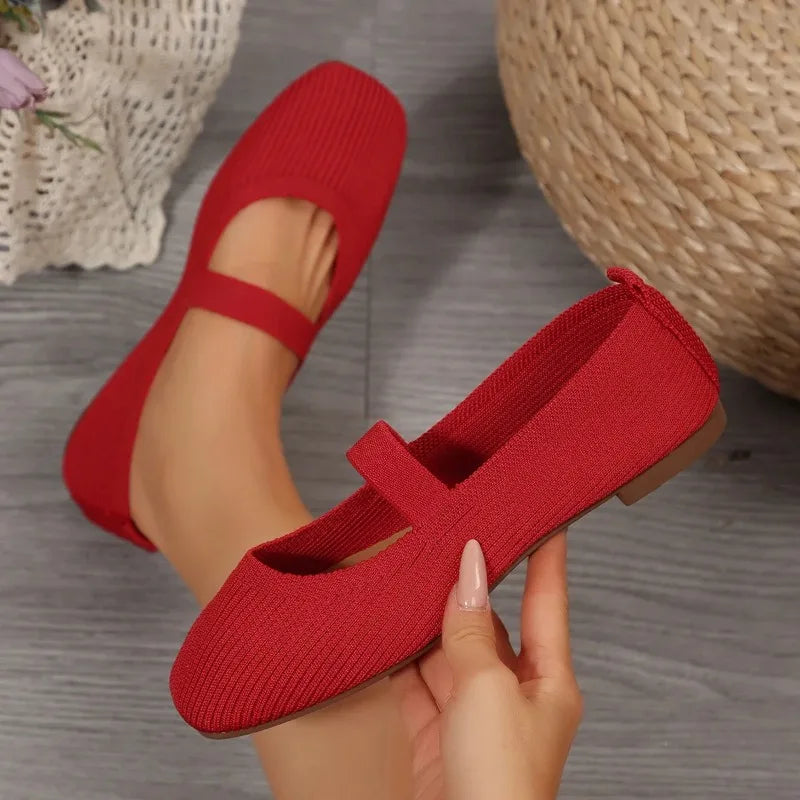 Casual Knitted Ballet Flats Shoes Comfortable Anti-slip Strap Loafers Mary Jane Lightweight Daily Walking Sneakers