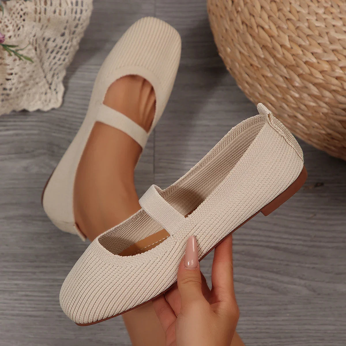 Casual Knitted Ballet Flats Shoes Comfortable Anti-slip Strap Loafers Mary Jane Lightweight Daily Walking Sneakers
