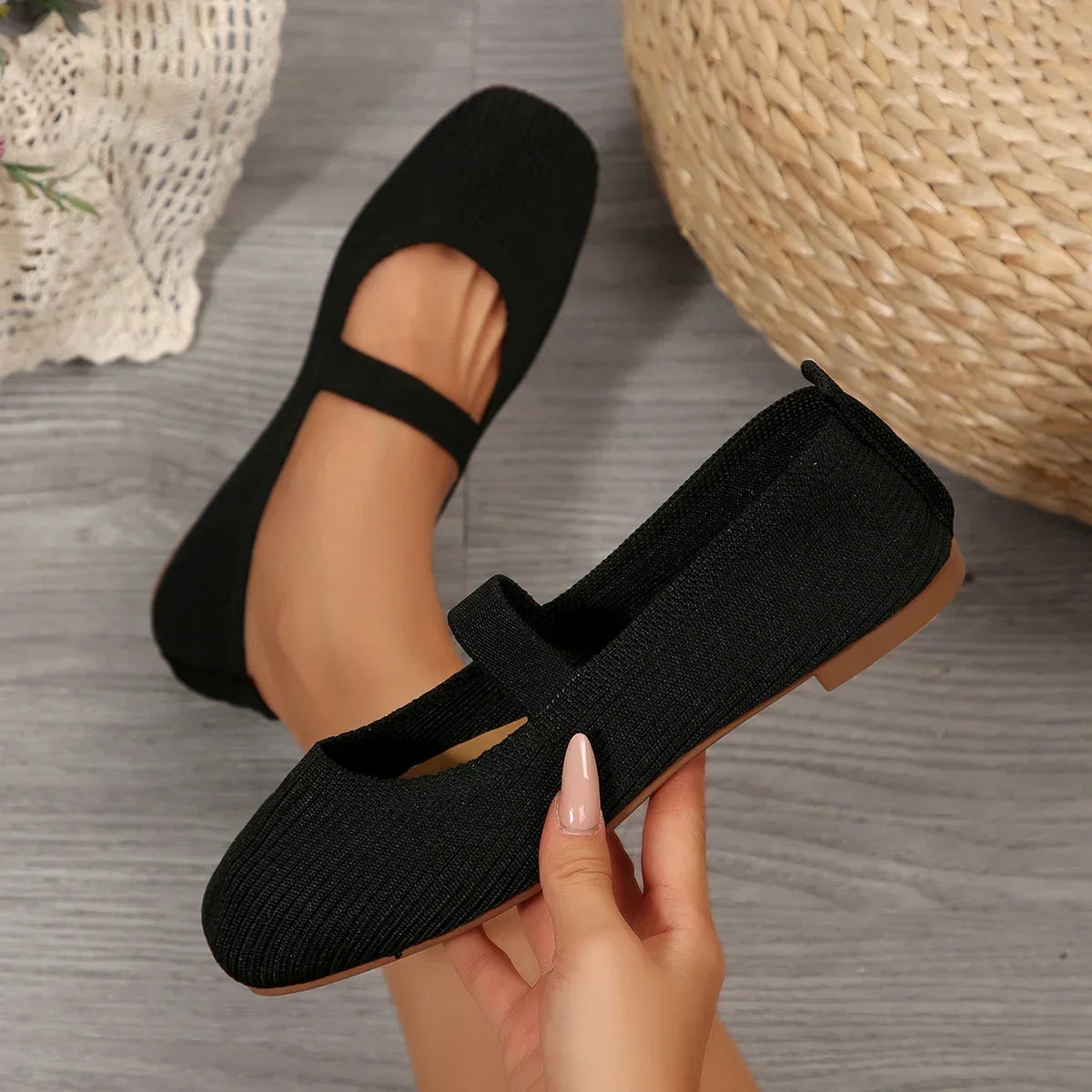 Casual Knitted Ballet Flats Shoes Comfortable Anti-slip Strap Loafers Mary Jane Lightweight Daily Walking Sneakers
