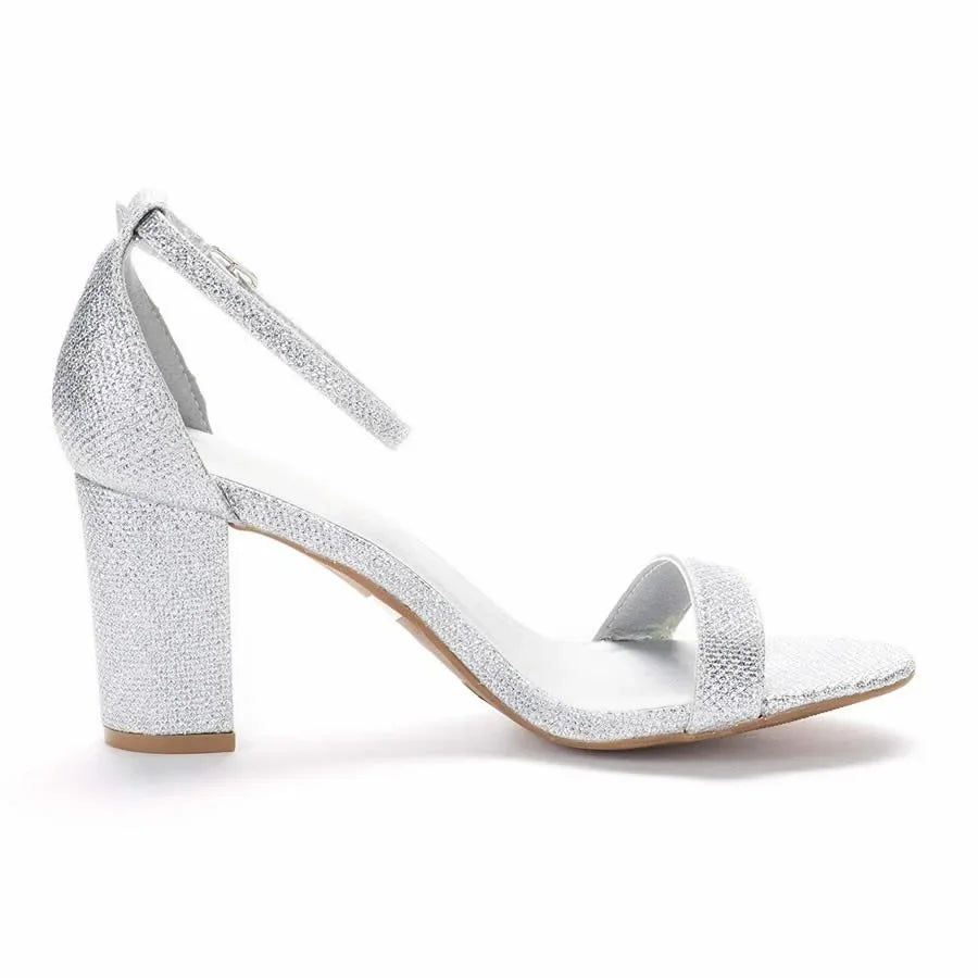 Chunky Sandals Silver Gold Glitter Flash Sexy 8cm Open Toes Buckle Strap Thick High Heels Party Dress Wedding Shoes