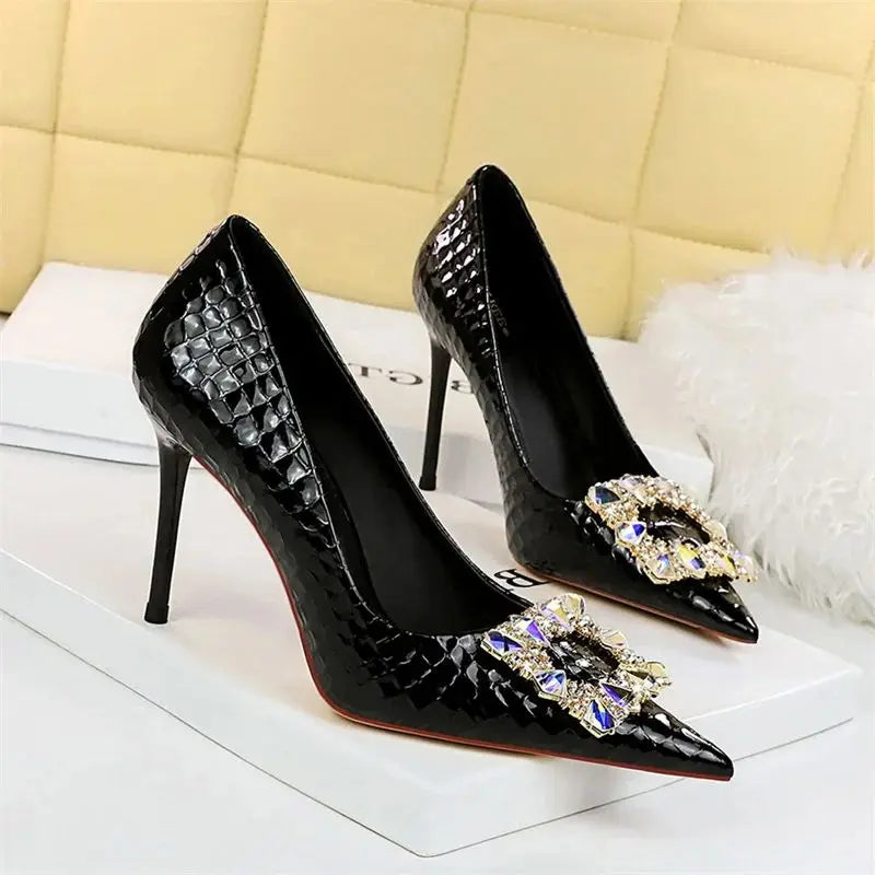 Elegant High Heel Stiletto Pumps Pointed Toe Black White Bling Metal Rhinestone Buckle Wedding Event Single Shoes