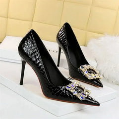 Elegant High Heel Stiletto Pumps Pointed Toe Black White Bling Metal Rhinestone Buckle Wedding Event Single Shoes