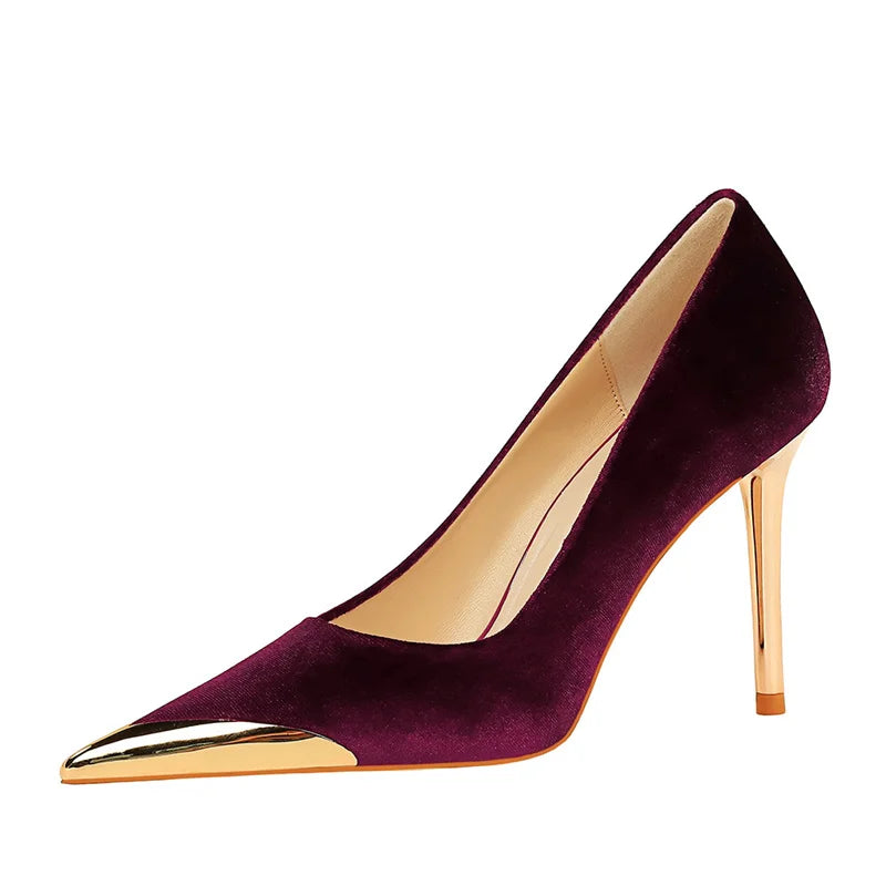 Comfort Suede High Heels Green Burgundy Pumps Metal Cap Pointed Toe Velvet Evening Party Office Single Shoes