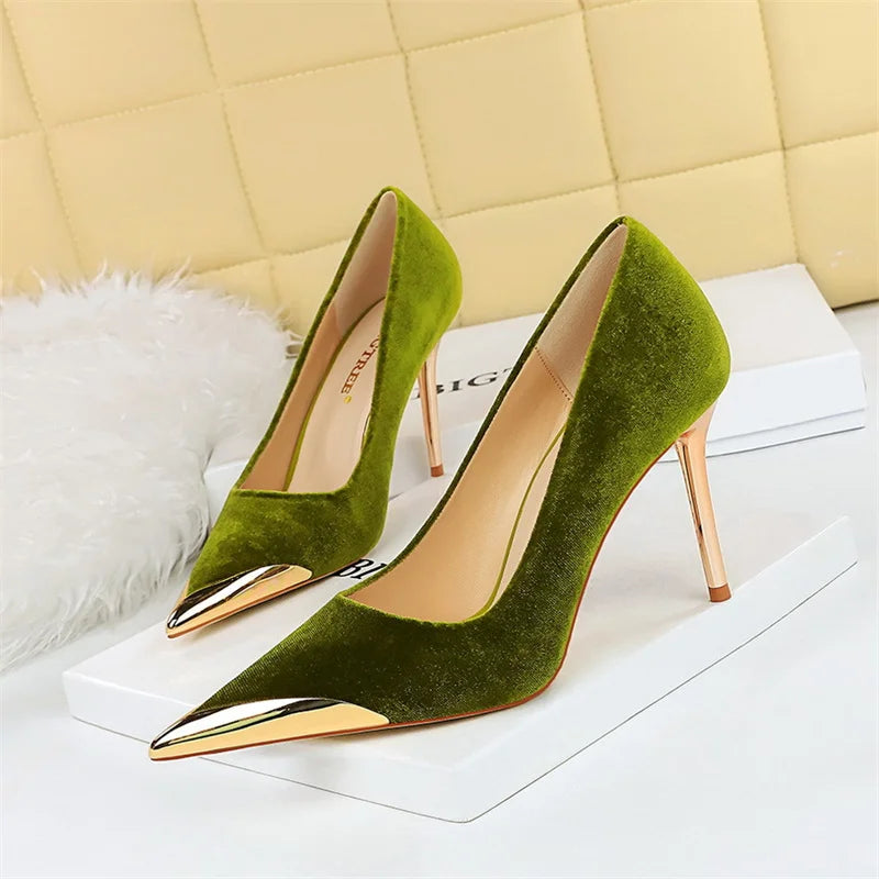 Comfort Suede High Heels Green Burgundy Pumps Metal Cap Pointed Toe Velvet Evening Party Office Single Shoes