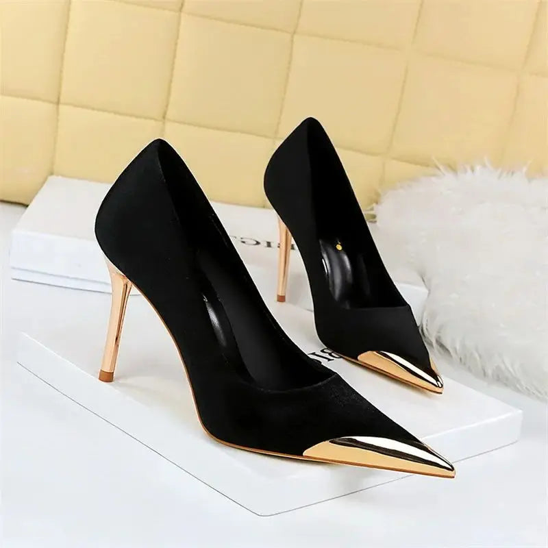 Comfort Suede High Heels Green Burgundy Pumps Metal Cap Pointed Toe Velvet Evening Party Office Single Shoes