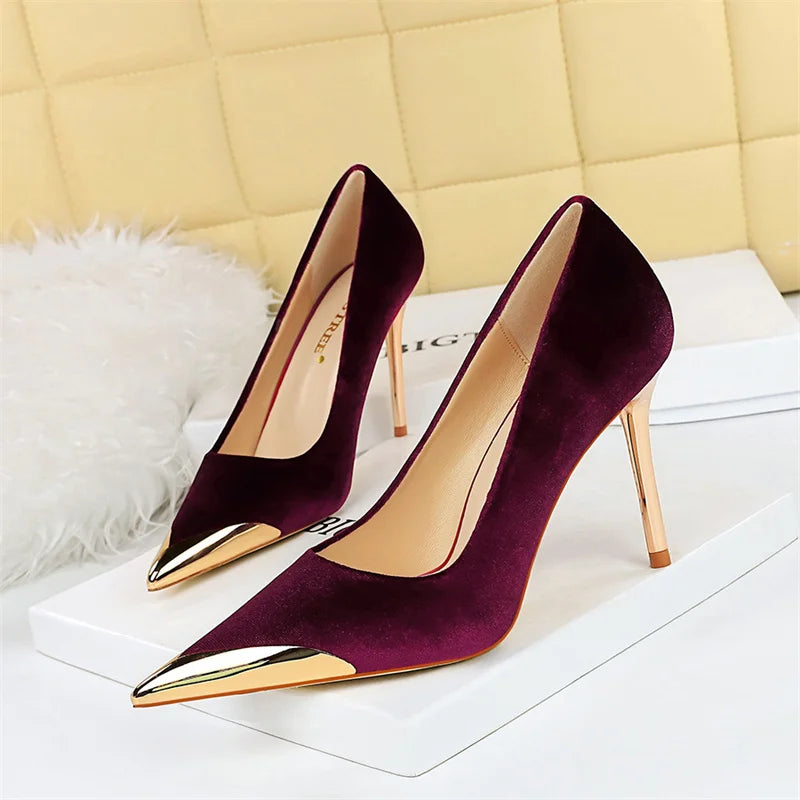 Comfort Suede High Heels Green Burgundy Pumps Metal Cap Pointed Toe Velvet Evening Party Office Single Shoes