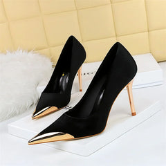 Comfort Suede High Heels Green Burgundy Pumps Metal Cap Pointed Toe Velvet Evening Party Office Single Shoes