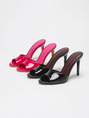 Glossy Patent PU Leather Open Peep Toe Slide Mule Sandals Slip On Stiletto High Heels Backless Slippers Party