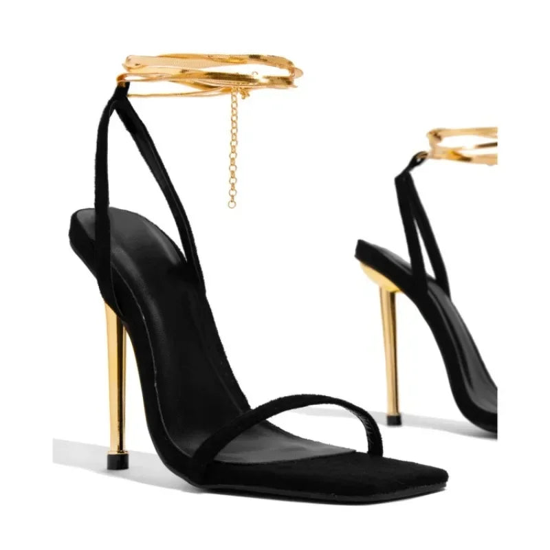 Heels Sexy Gold Padlock High Heels Sandals Woman Thin Single Strap Metal Stiletto Sandals Female Gold Heel Shoes