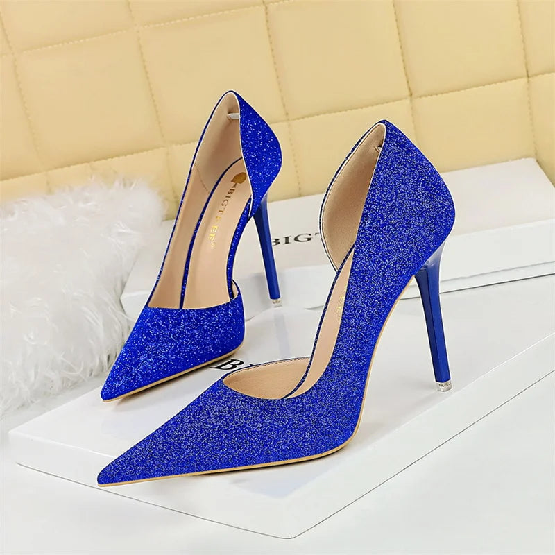 High Heel Shallow Mouth Pointed Toe Side Hollow  Blue Silver Bling Cloth Pumps Stiletto Wedding Bridal Prom Shoes