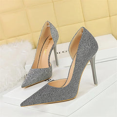 High Heel Shallow Mouth Pointed Toe Side Hollow  Blue Silver Bling Cloth Pumps Stiletto Wedding Bridal Prom Shoes