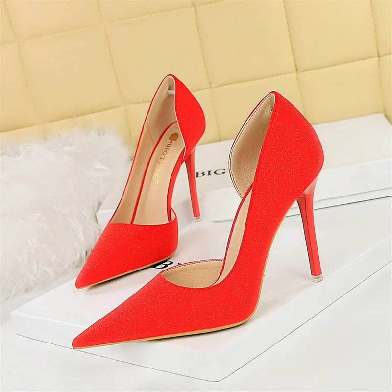 High Heel Shallow Mouth Pointed Toe Side Hollow  Blue Silver Bling Cloth Pumps Stiletto Wedding Bridal Prom Shoes