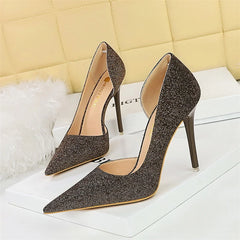 High Heel Shallow Mouth Pointed Toe Side Hollow  Blue Silver Bling Cloth Pumps Stiletto Wedding Bridal Prom Shoes