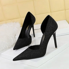High Heel Shallow Mouth Pointed Toe Side Hollow  Blue Silver Bling Cloth Pumps Stiletto Wedding Bridal Prom Shoes