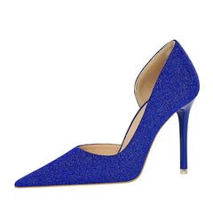 High Heel Shallow Mouth Pointed Toe Side Hollow  Blue Silver Bling Cloth Pumps Stiletto Wedding Bridal Prom Shoes