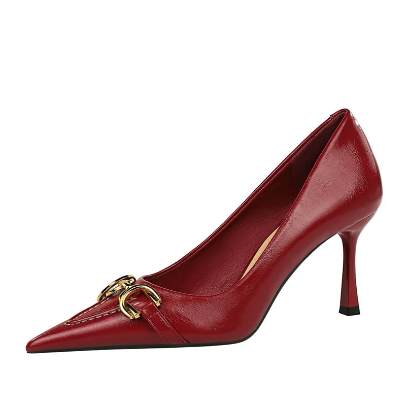 High Heel Stiletto Shallow Mouth Pointed Toe Wine Red Office Comfort Metal Chain Leather Wedding Prom  Party Shoes