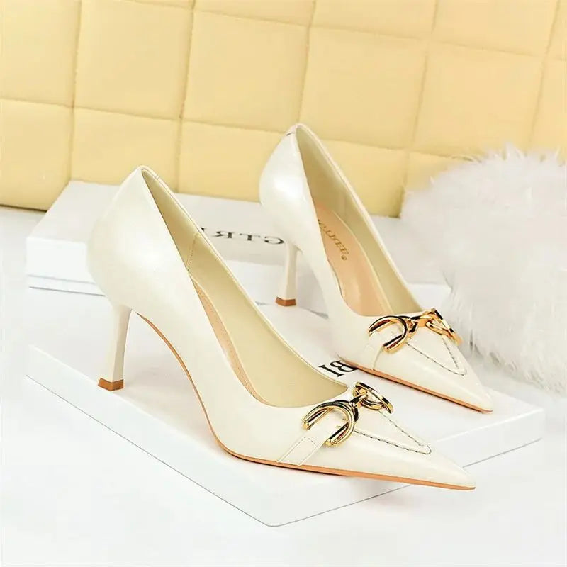 High Heel Stiletto Shallow Mouth Pointed Toe Wine Red Office Comfort Metal Chain Leather Wedding Prom  Party Shoes