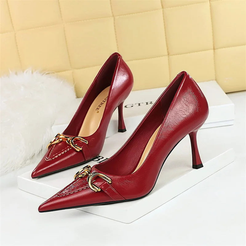 High Heel Stiletto Shallow Mouth Pointed Toe Wine Red Office Comfort Metal Chain Leather Wedding Prom  Party Shoes