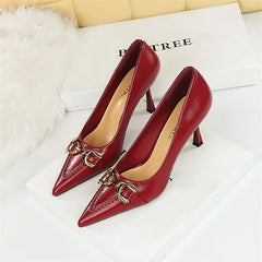 High Heel Stiletto Shallow Mouth Pointed Toe Wine Red Office Comfort Metal Chain Leather Wedding Prom  Party Shoes