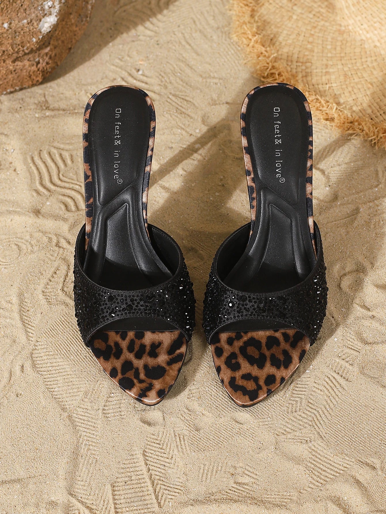 Leopard Print Rhinestone Stiletto Heel Sandals Open Toe Slip On Mules High Heels Elegant Party Dress Shoes