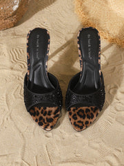 Leopard Print Rhinestone Stiletto Heel Sandals Open Toe Slip On Mules High Heels Elegant Party Dress Shoes