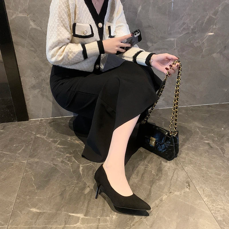 Mid Heeled Sandals Black 6-8-10cm Pointed Thin Heeled Baotou Banquet High Heeled Shoes Womens Shoes Tacones Mujer