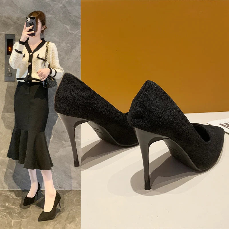 Mid Heeled Sandals Black 6-8-10cm Pointed Thin Heeled Baotou Banquet High Heeled Shoes Womens Shoes Tacones Mujer