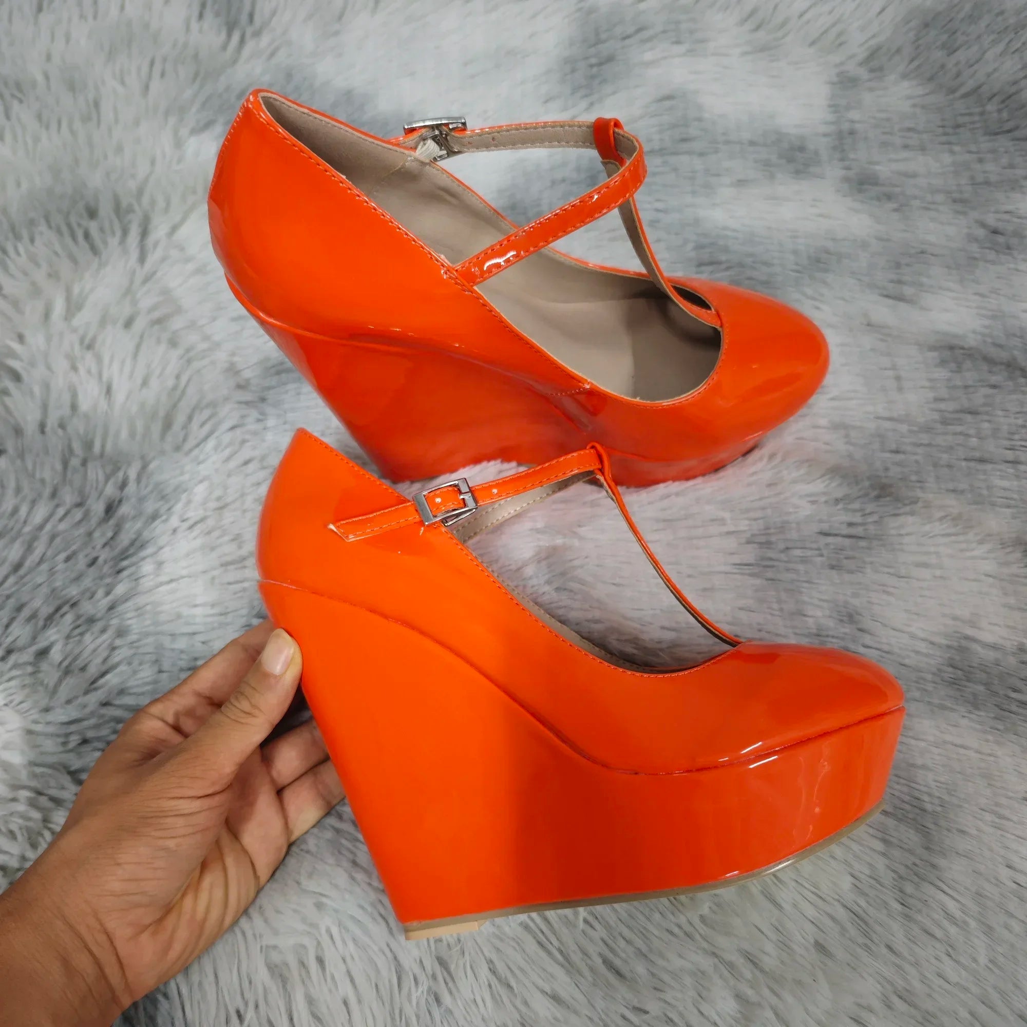 Pumps Autumn 14cm Round Toes T-Strap Platform Wedge High Heels Gladiator Dress Party Wedding Shoes