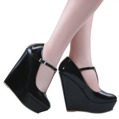Pumps Autumn 14cm Round Toes T-Strap Platform Wedge High Heels Gladiator Dress Party Wedding Shoes