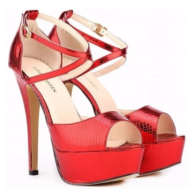 Sandals Stilettos Sexy Gold Silver Crocodile Pattern Open Toe Sandal 14cm Extremely High Heels Party Wedding Shoes