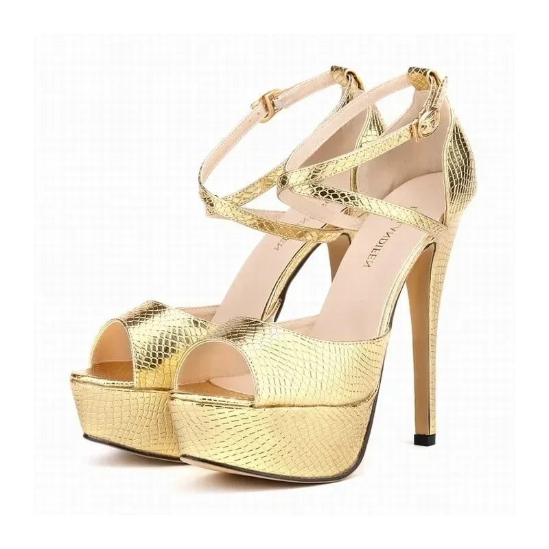 Sandals Stilettos Sexy Gold Silver Crocodile Pattern Open Toe Sandal 14cm Extremely High Heels Party Wedding Shoes