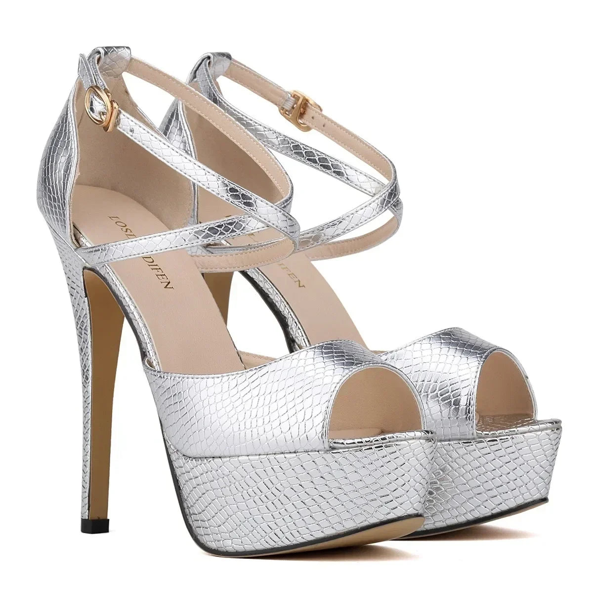 Sandals Stilettos Sexy Gold Silver Crocodile Pattern Open Toe Sandal 14cm Extremely High Heels Party Wedding Shoes