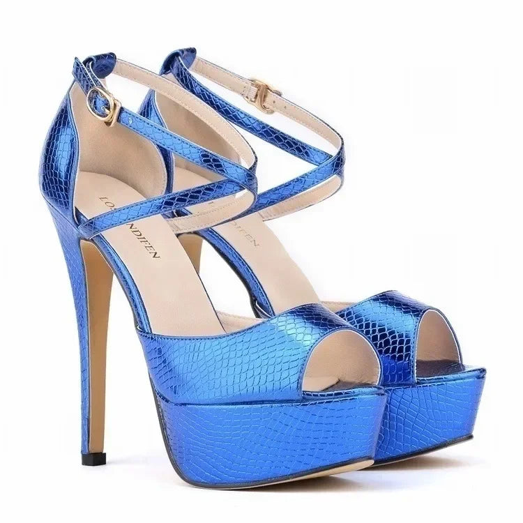Sandals Stilettos Sexy Gold Silver Crocodile Pattern Open Toe Sandal 14cm Extremely High Heels Party Wedding Shoes