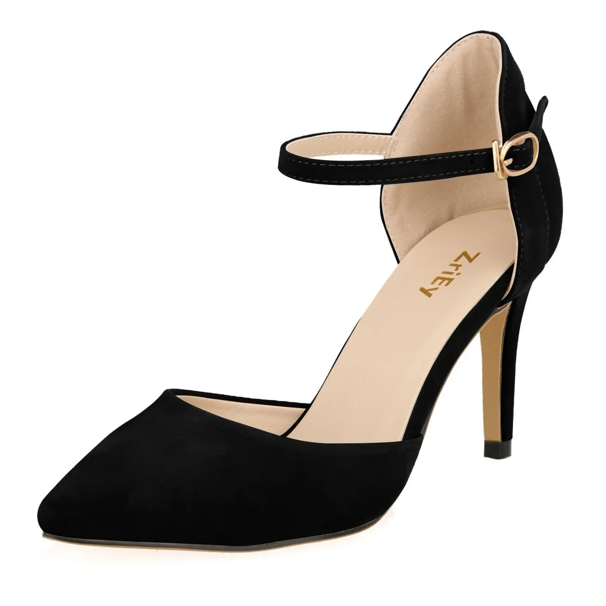 Elegant Black Velvet Leather High Heels Pointed Toe Ankle Strap Stilettos Dress Party Wedding Shoes