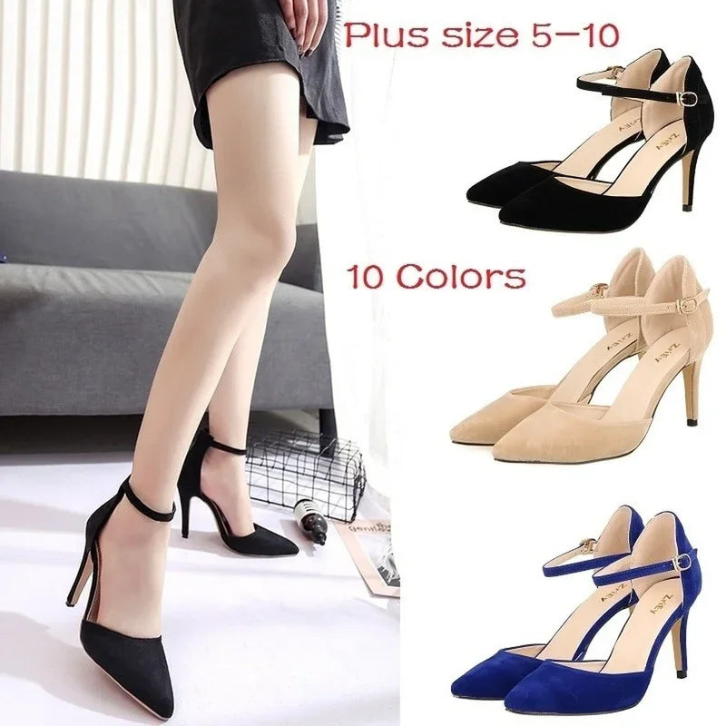 Elegant Black Velvet Leather High Heels Pointed Toe Ankle Strap Stilettos Dress Party Wedding Shoes