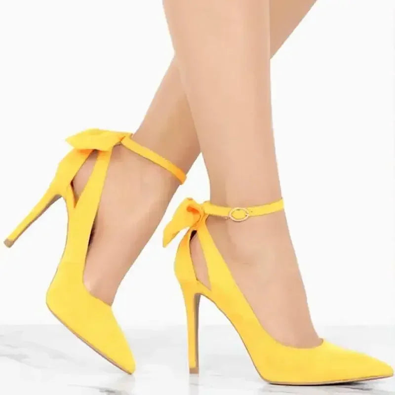 Stilettos Bowknot 11cm Pointed Toe Thin Ankle Strap Flock High Heels Female Red Wedding Shoes
