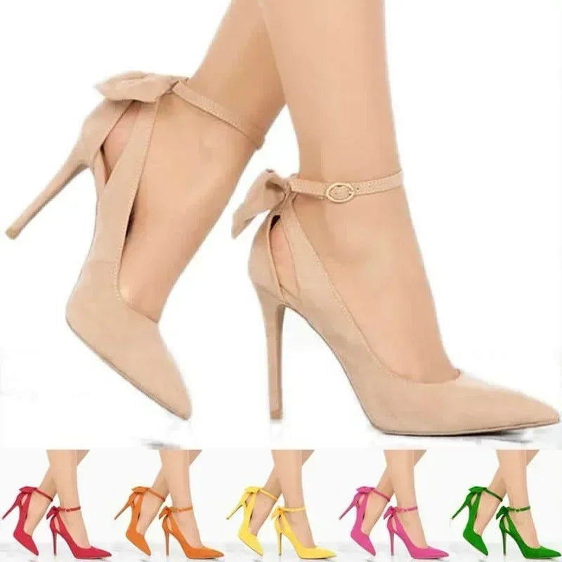 Stilettos Bowknot 11cm Pointed Toe Thin Ankle Strap Flock High Heels Female Red Wedding Shoes