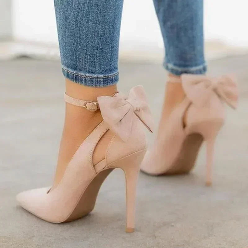 Stilettos Bowknot 11cm Pointed Toe Thin Ankle Strap Flock High Heels Female Red Wedding Shoes