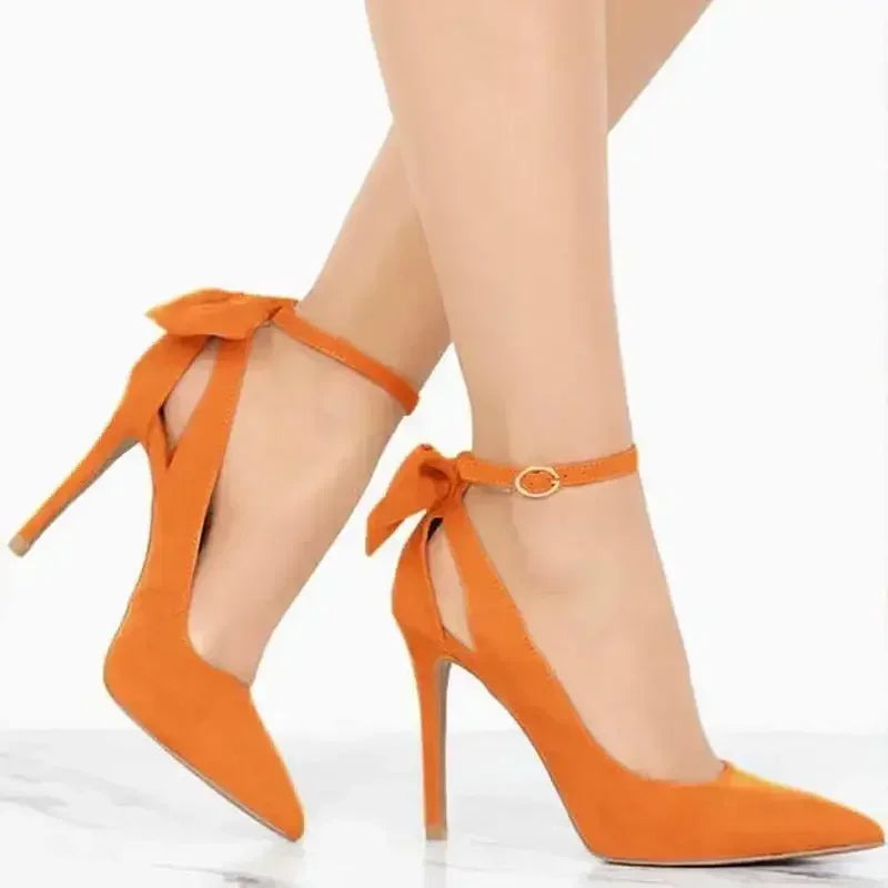 Stilettos Bowknot 11cm Pointed Toe Thin Ankle Strap Flock High Heels Female Red Wedding Shoes