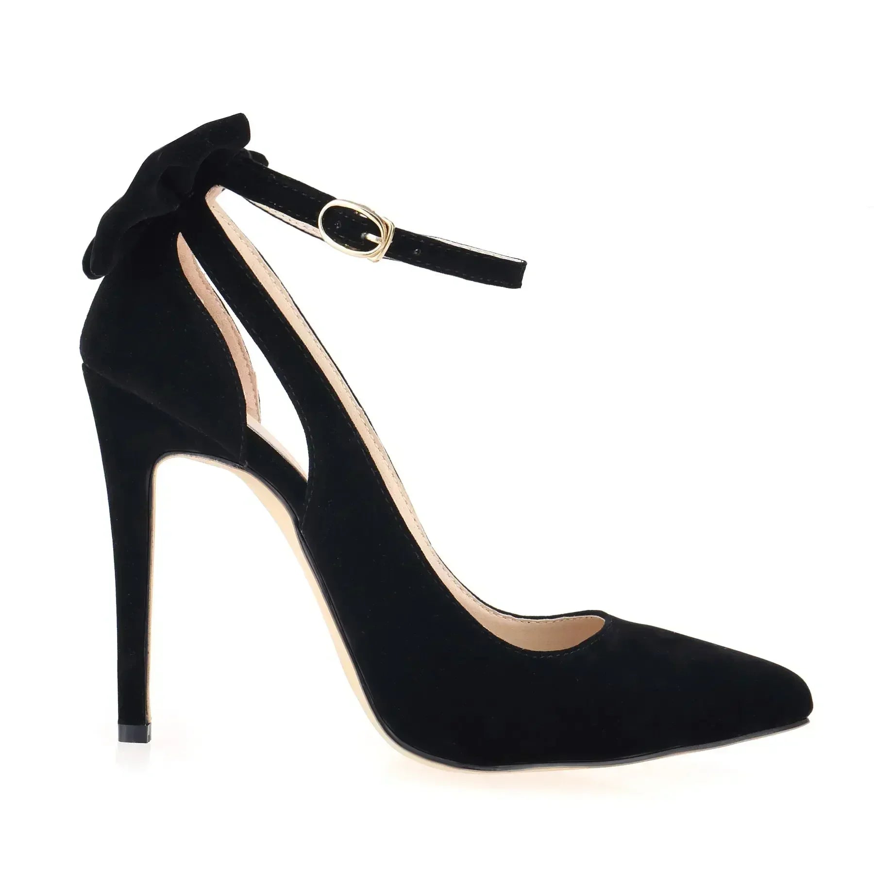 Stilettos Bowknot 11cm Pointed Toe Thin Ankle Strap Flock High Heels Female Red Wedding Shoes