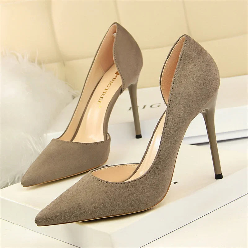Shallow Mouth Side Hollow Flock High Heels Pumps Black Pink Red Stiletto Office Wedding Pointed Toe Single Shoes