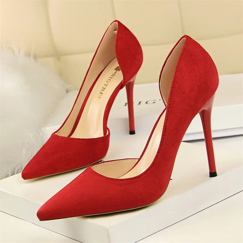 Shallow Mouth Side Hollow Flock High Heels Pumps Black Pink Red Stiletto Office Wedding Pointed Toe Single Shoes