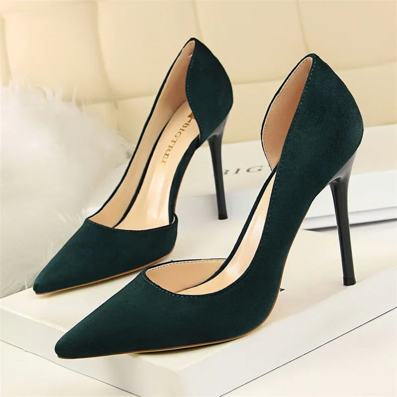 Shallow Mouth Side Hollow Flock High Heels Pumps Black Pink Red Stiletto Office Wedding Pointed Toe Single Shoes