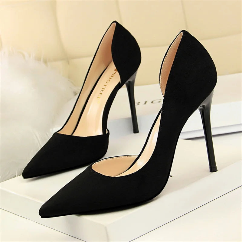 Shallow Mouth Side Hollow Flock High Heels Pumps Black Pink Red Stiletto Office Wedding Pointed Toe Single Shoes