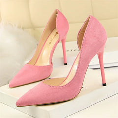 Shallow Mouth Side Hollow Flock High Heels Pumps Black Pink Red Stiletto Office Wedding Pointed Toe Single Shoes