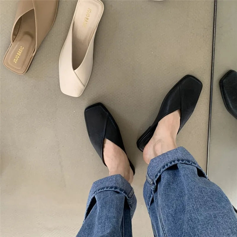 Shoes Mules Designer Square Toe Autumn Slippers Slides Female Outside Beach Big Size Casual Basic