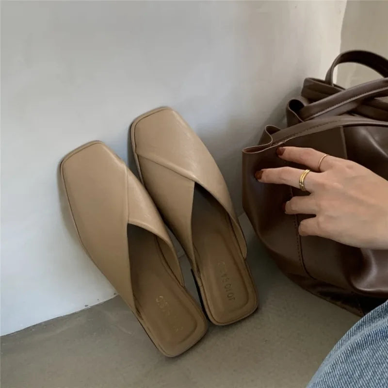 Shoes Mules Designer Square Toe Autumn Slippers Slides Female Outside Beach Big Size Casual Basic