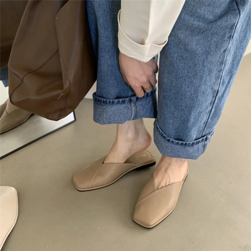 Shoes Mules Designer Square Toe Autumn Slippers Slides Female Outside Beach Big Size Casual Basic