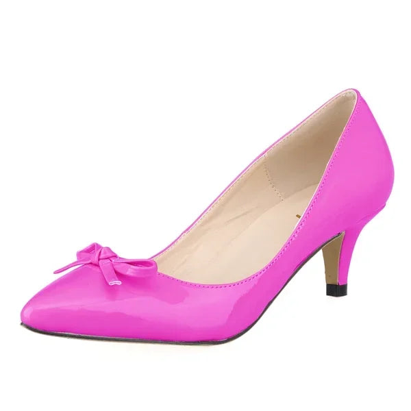 Shoes Sexy 5cm Low Mid Kitten High Heels PU Patent Leather Pointed Toe Work Pumps With Bowknot Wedding Shoe Plus Size